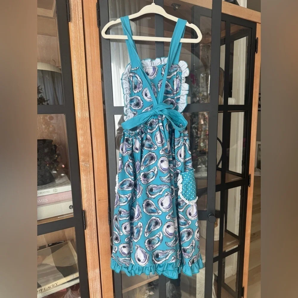 Oysters watercolor print dress girls louisiana gulf coastal beach ruffle bow